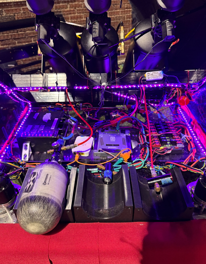 Close-up of the T-shirt cannon wiring and electrical components